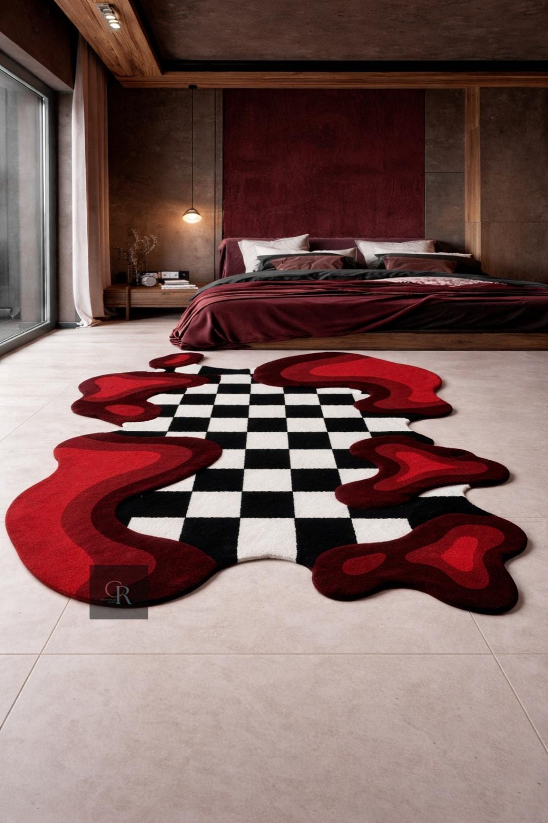 8x10 Red Abstract Checkerboard Rug, Hand Tufted Wool Wavy Checkered ...