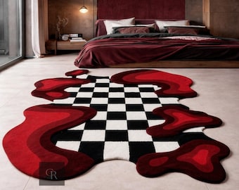 8x10 Red Abstract Checkerboard Rug, Hand Tufted Wool Wavy Checkered Carpet 9x12, Modern Area Rug, Custom Size Bedroom Living Room Home Decor