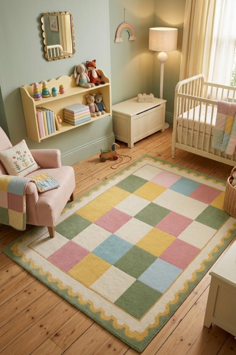 Soft pastel checkerboard nursery rug with scalloped border in pink, sage green, cream, yellow, and baby blue, styled in a cozy rainbow-themed kids room with plush tufted texture.