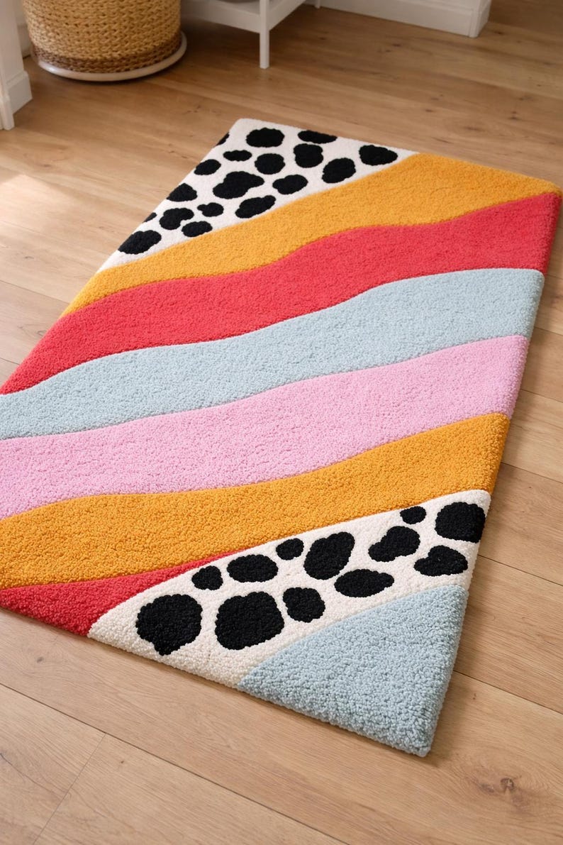 Close up plush tufted texture of modern funky area rug