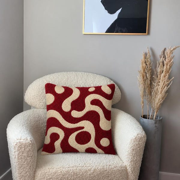 Retro Abstract Hand Tufted Cushion Cover | New Zealand Wool Pillow | Red Cream Modern Throw Pillow | Aesthetic Home Decor | 16x16 18x18
