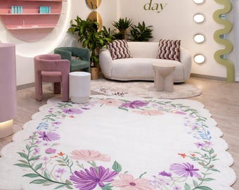 Floral Scalloped Rug – Aesthetic Flower Border Carpet, Soft Tufted Pastel Rug for Bedroom, Cute Cottagecore Room Decor, Cozy Floor Carpet