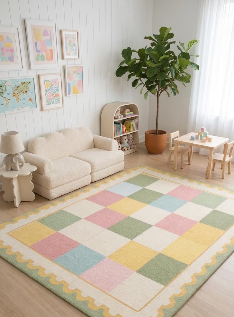 Soft plush pastel checkerboard nursery rug with scalloped border in blush pink, sage green, cream, butter yellow, and baby blue tones. This tufted kids room carpet is styled in a dreamy rainbow-themed nursery and adds cozy cottagecore charm to playrooms, baby rooms, and modern children’s spaces. Perfect for pastel aesthetic decor, soft nursery interiors, Montessori playrooms, and colorful bedroom styling for toddlers and babies