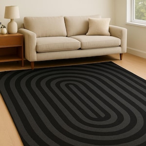 Hand-Tufted Wool Rug: Modern Black Geometric Oval Design