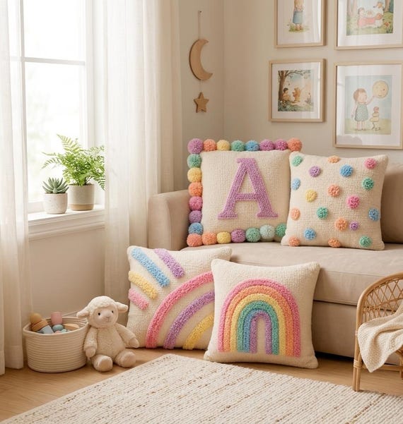 Personalized Tufted Cushion Cover, Custom Pillow, Nursery Pillow Set, Rainbow Cushion Cover, Pom Pom Throw Pillow, Kids Room Decor Gift