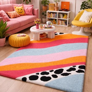 Colorful wavy pastel tufted rug with cow print corners rectangular shape