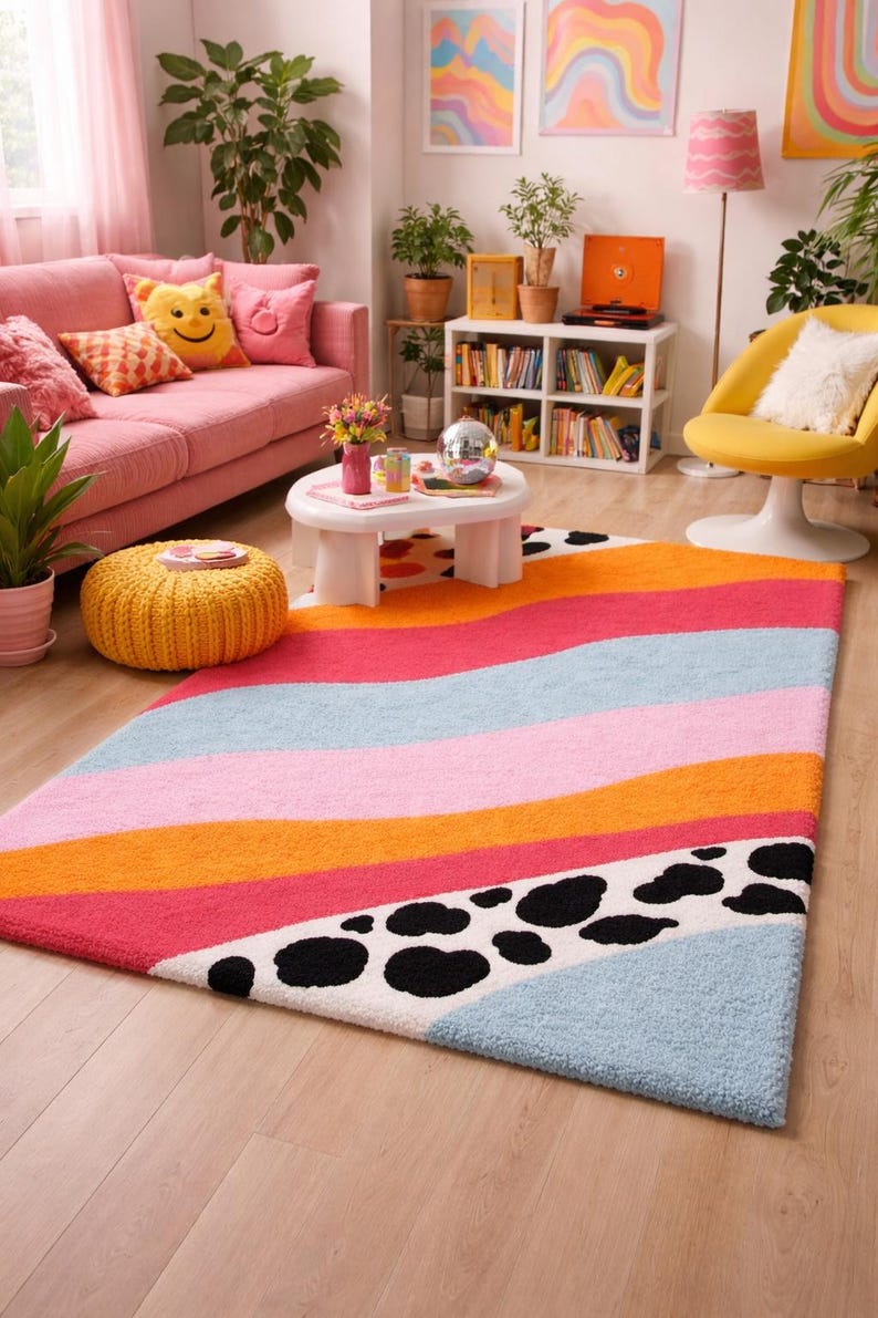 Colorful wavy pastel tufted rug with cow print corners rectangular shape