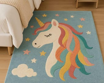 Pastel Unicorn Kids Rug - Handmade Tufted Nursery and  Girls Bedroom Carpet -Soft Rainbow Unicorn Area Rug - Custom Size & Color Available