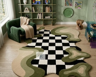 Green Abstract Checkerboard Rug, 5x8 Irregular Wavy Area Rug, Black White Checkered Carpet, Modern Bedroom & Living Room Rug