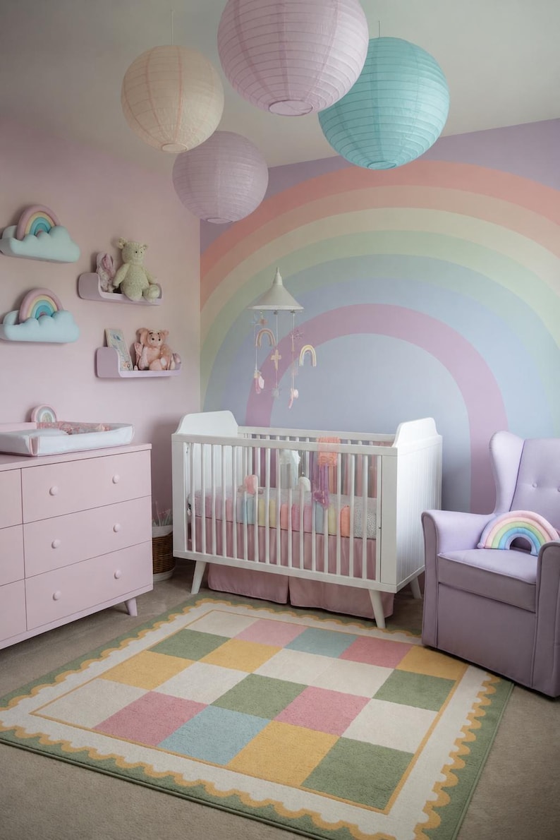 Soft plush pastel checkerboard nursery rug with scalloped border in blush pink, sage green, cream, butter yellow, and baby blue tones. This tufted kids room carpet is styled in a dreamy rainbow-themed nursery and adds cozy cottagecore charm to playrooms, baby rooms, and modern children’s spaces. Perfect for pastel aesthetic decor, soft nursery interiors, Montessori playrooms, and colorful bedroom styling for toddlers and babies