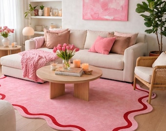 Pink Wavy Rug, Scalloped Edge Tufted Rug, Handmade Wool Area Rug, Cute Bedroom Rug, Girly Aesthetic Rug, Soft Nursery Rug Decor 8×10