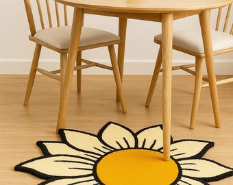 Alfombra de girasoles tejida a mano: Alfombra decorativa floral estilo bohemio, 5 x 5 pies.