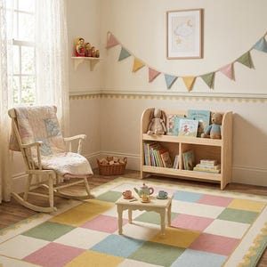 Soft plush pastel checkerboard nursery rug with scalloped border in blush pink, sage green, cream, butter yellow, and baby blue tones. This tufted kids room carpet is styled in a dreamy rainbow-themed nursery and adds cozy cottagecore charm to playrooms, baby rooms, and modern children’s spaces. Perfect for pastel aesthetic decor, soft nursery interiors, Montessori playrooms, and colorful bedroom styling for toddlers and babies
