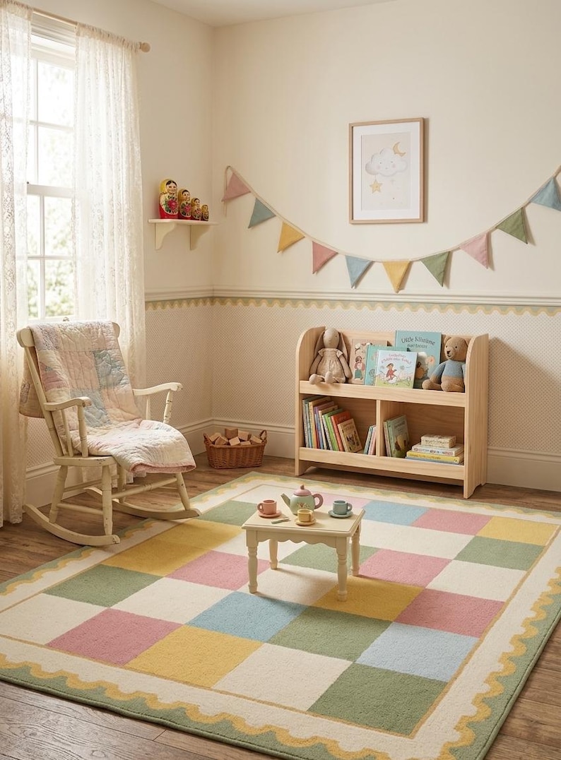 Soft plush pastel checkerboard nursery rug with scalloped border in blush pink, sage green, cream, butter yellow, and baby blue tones. This tufted kids room carpet is styled in a dreamy rainbow-themed nursery and adds cozy cottagecore charm to playrooms, baby rooms, and modern children’s spaces. Perfect for pastel aesthetic decor, soft nursery interiors, Montessori playrooms, and colorful bedroom styling for toddlers and babies