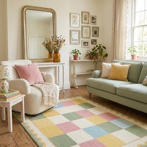 Soft plush pastel checkerboard rug with scalloped border in blush pink, sage green, cream, butter yellow, and blue tones. This tufted room carpet is styled in a dreamy rainbow-themed and adds cozy cottagecore charm to  cute corners, baby rooms, and modern spaces. Perfect for pastel aesthetic decor, soft nursery interiors, Montessori playrooms, colorful bedroom and living rooms