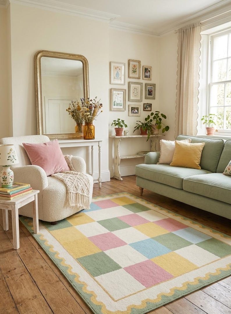 Soft plush pastel checkerboard rug with scalloped border in blush pink, sage green, cream, butter yellow, and blue tones. This tufted room carpet is styled in a dreamy rainbow-themed and adds cozy cottagecore charm to  cute corners, baby rooms, and modern spaces. Perfect for pastel aesthetic decor, soft nursery interiors, Montessori playrooms, colorful bedroom and living rooms