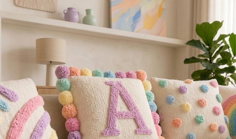 Close-up of handmade tufted cushion cover showing soft plush texture, pastel yarn details, and premium handcrafted workmanship.