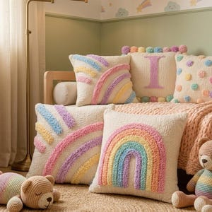 Personalized pastel cushion cover styled in a modern nursery room with cozy neutral decor and children's furniture.