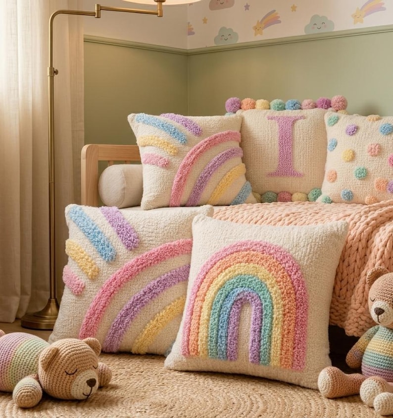 Personalized pastel cushion cover styled in a modern nursery room with cozy neutral decor and children's furniture.