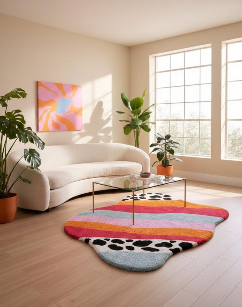 Irregular blob shaped pastel stripe rug with black and white cow print detail placed in living room