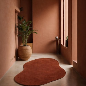 Rust Brown Organic Shape Rug – Hand Tufted Wool Area Rug – Modern Irregular Terracotta Carpet – Minimalist Earth Tone Home Decor image 1