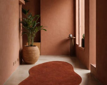 Rust Brown Organic Shape Rug – Hand Tufted Wool Area Rug – Modern Irregular Terracotta Carpet – Minimalist Earth Tone Home Decor