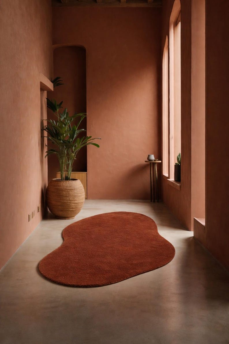 Rust Brown Organic Shape Rug – Hand Tufted Wool Area Rug – Modern Irregular Terracotta Carpet – Minimalist Earth Tone Home Decor image 1