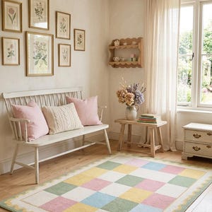 Soft plush pastel checkerboard rug with scalloped border in blush pink, sage green, cream, butter yellow, and blue tones. This tufted room carpet is styled in a dreamy rainbow-themed and adds cozy cottagecore charm to  cute corners, baby rooms, and modern spaces. Perfect for pastel aesthetic decor, soft nursery interiors, Montessori playrooms, colorful bedroom and living rooms