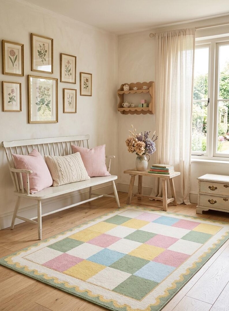 Soft plush pastel checkerboard rug with scalloped border in blush pink, sage green, cream, butter yellow, and blue tones. This tufted room carpet is styled in a dreamy rainbow-themed and adds cozy cottagecore charm to  cute corners, baby rooms, and modern spaces. Perfect for pastel aesthetic decor, soft nursery interiors, Montessori playrooms, colorful bedroom and living rooms