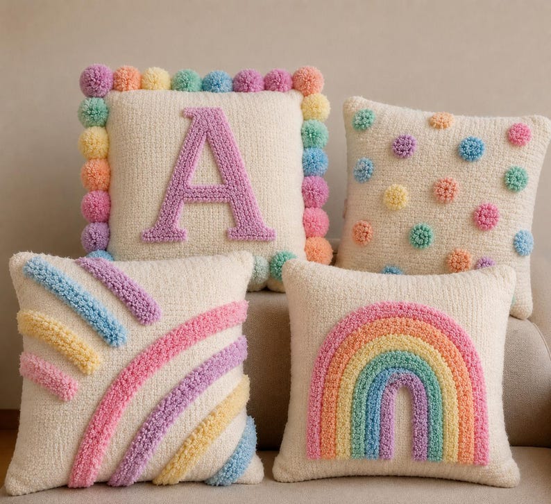 Personalized tufted cushion cover with pastel pom pom border, custom initial letter pillow, handmade nursery and kids room decor.