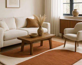 Modern Terracotta Hand Tufted Wool Rug – Minimalist Curved Line Area Rug – Burnt Orange & Cream Abstract Carpet – Living Room Bedroom Decor