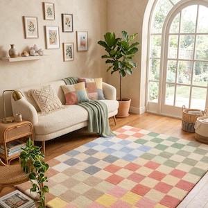 May include: A living room scene featuring a cream-colored sofa with decorative pillows and a green throw blanket. A large, colorful checkerboard rug in pastel hues covers the floor. The room is decorated with framed botanical prints and a potted plant.