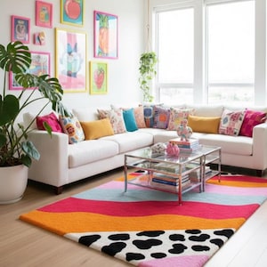 Colorful wavy pastel tufted rug with cow print corners rectangular shape