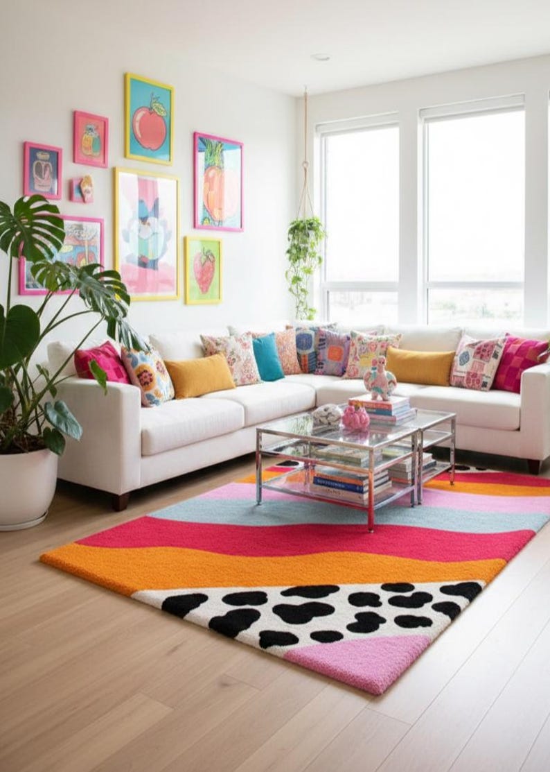 Colorful wavy pastel tufted rug with cow print corners rectangular shape