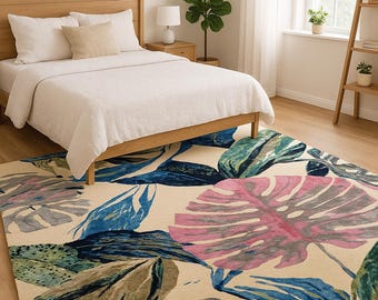 Botanical Leaf Wool Rug 9x12, Modern Tropical Area Rug 6x9, Abstract Handmade Tufted Carpet, Colourful Living Room Carpet, Custom Size Rug