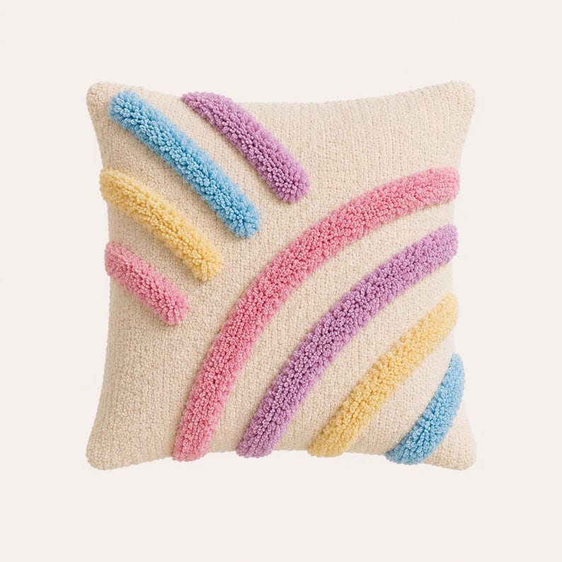 Pode incluir: Uma almofada quadrada com uma base de cor creme apresentando uma textura tufada. A superf&iacute;cie &eacute; decorada com linhas diagonais em relevo em tons pastel de azul claro, amarelo, rosa e lavanda, criando um padr&atilde;o suave e multicolorido.
