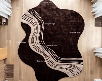 Alfombra abstracta de formas orgánicas en marrón y beige de 1,5 x 2,4 m, moderna y curva, de seda de lujo hecha a mano, decoración contemporánea a medida para el hogar.