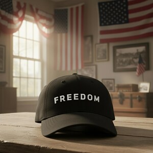 May include: A black baseball cap with the word "FREEDOM" in white block letters. The cap is sitting on a wooden surface, with American flags in the background.