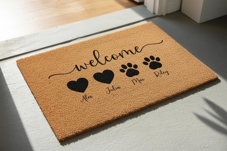 May include: A rectangular tan coir doormat featuring the black text welcome in a cursive script. Below the text are two black heart icons labeled Alex and Julia, followed by two black paw print icons labeled Max and Riley in black script.