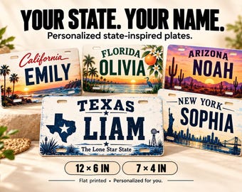 May include: Five rectangular metal license plates featuring state-themed graphics and names including California Emily, Florida Olivia, Arizona Noah, Texas Liam, and New York Sophia. The plates measure 12 by 6 inches and 7 by 4 inches.