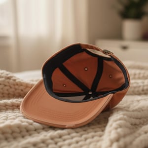 May include: A tan baseball cap with a curved peak, black interior lining, and a metal clasp. The cap is resting on a textured, off-white surface.