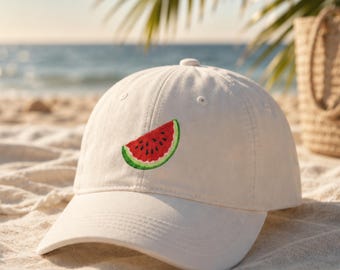 Wassermelone bestickte Mütze, Minimal Design Mütze, Küstenästhetik Papa Mütze, Boho Sommer Baseballmütze, Strand Geschenk, gestickte Mütze