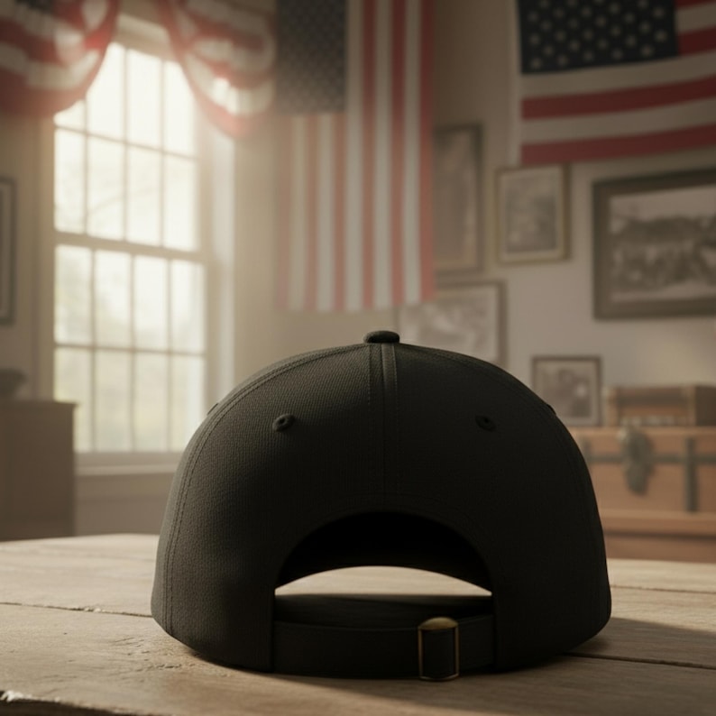 May include: A black baseball cap with a curved brim and adjustable strap. The cap is made of a solid, dark fabric and sits on a wooden surface. The background includes American flags and framed pictures.