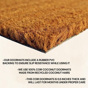 May include: A rectangular brown coir doormat with a textured surface made from coconut fibers. The mat features a black rubber PVC backing for slip resistance. The text on the image states the mat is 0.5 inches thick and made of recycled fibers.