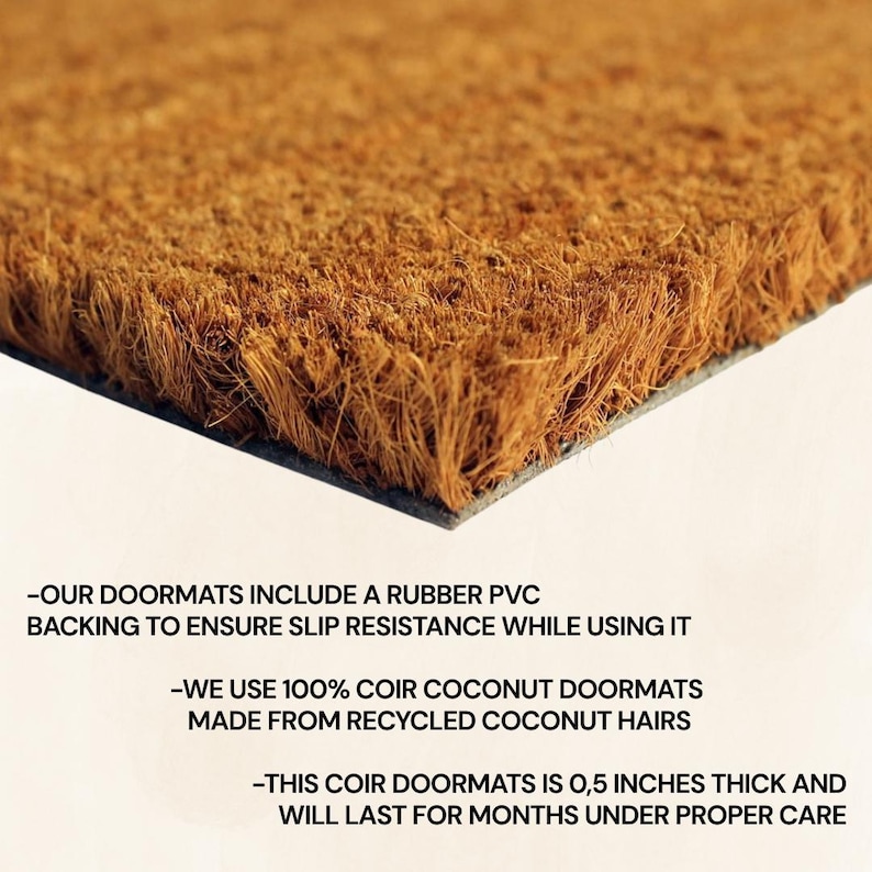 May include: A rectangular brown coir doormat with a textured surface made from coconut fibers. The mat features a black rubber PVC backing for slip resistance. The text on the image states the mat is 0.5 inches thick and made of recycled fibers.