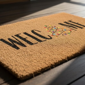 May include: A rectangular tan coir doormat featuring the black text WELCOME printed in a bold serif font. The letter O is replaced by a stylized Christmas tree illustration decorated with small, colorful, multi-colored light bulbs.