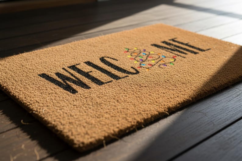 May include: A rectangular tan coir doormat featuring the black text WELCOME printed in a bold serif font. The letter O is replaced by a stylized Christmas tree illustration decorated with small, colorful, multi-colored light bulbs.