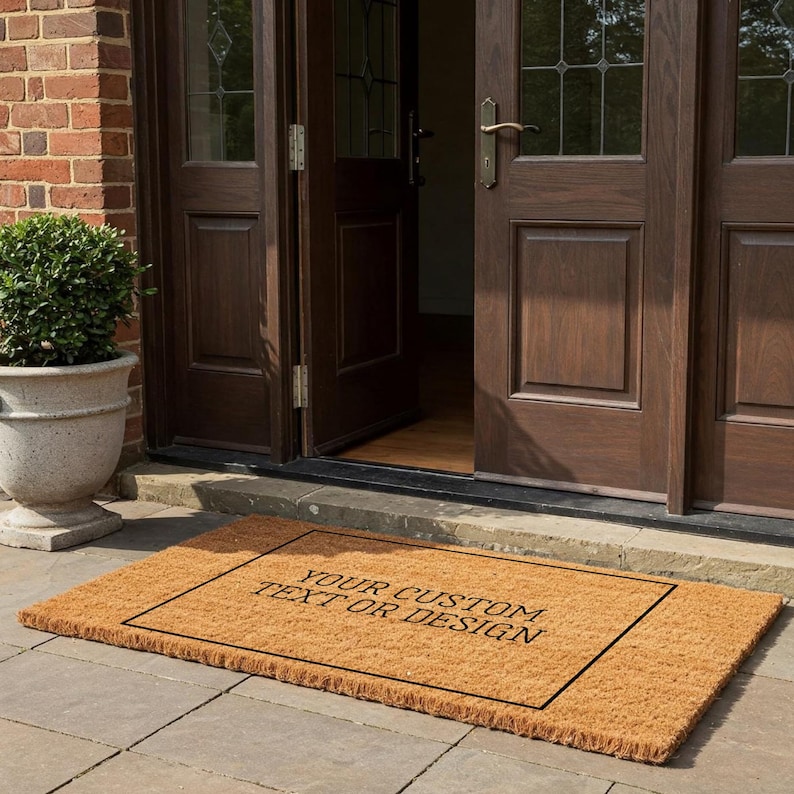 May include: A rectangular tan coir doormat featuring a thin black rectangular border and the black text "YOUR CUSTOM TEXT OR DESIGN" centered on the surface. The mat is positioned on a stone patio in front of a dark brown wooden double door.