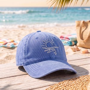 Ocean Sunset Embroidered Hat, Minimal Sun Line Art Cap, Coastal Aesthetic Dad Hat, Boho Summer Baseball Cap, Beach Gift, Embroidered Cap