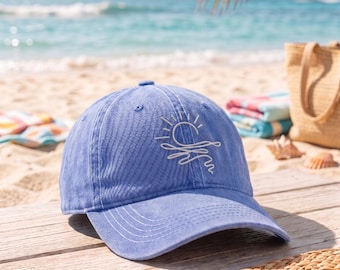 Ozean Sonnenuntergang gestickte Mütze, minimale Sonnenlinie Kunst Mütze, Küstenästhetik Papa Mütze, Boho Sommer Baseballmütze, Strand Geschenk, gestickte Mütze
